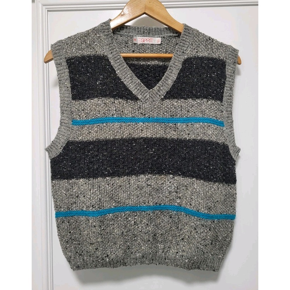 Vtg 80s Esprit Gray Aqua Stripe V Neck Sweater Vest Sz M